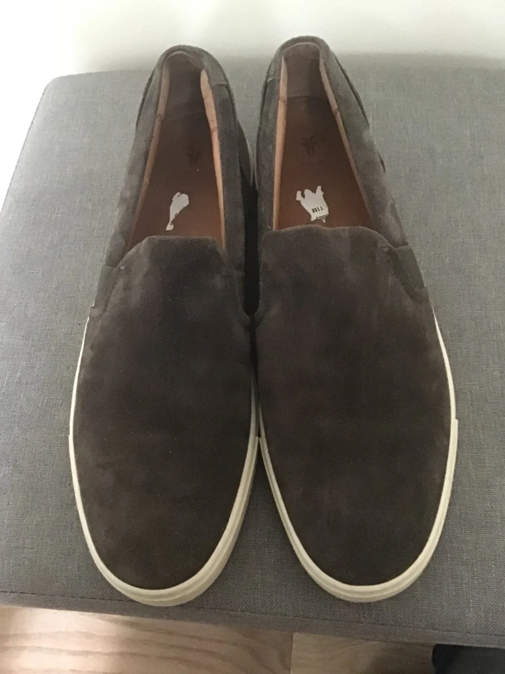 Frye Brown Grey suede loafers size 11 runs narrow